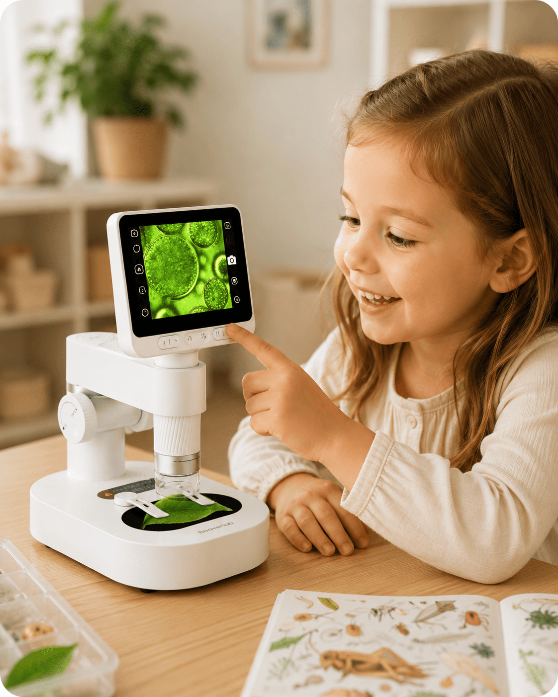 A child using a BEAVERLAB digital microscope to examine a leaf